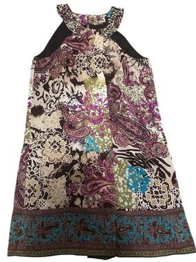 💚 MIXIT Green, Brown, Beige, & Teal Beaded Halter Boho Sleeveless Dress - Sz 12